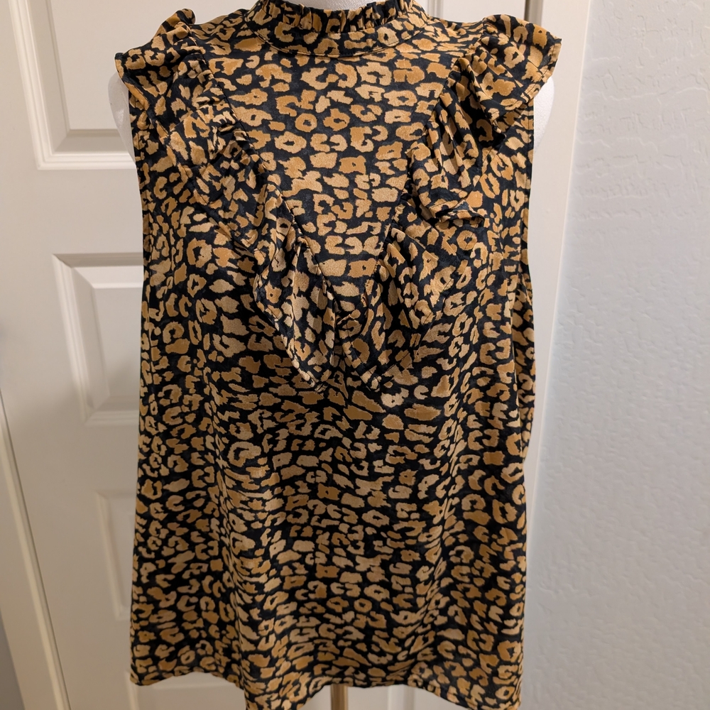 WHO WHAT WEAR Leopard Print Blouse Ruffle Mock Neck Size XXL
